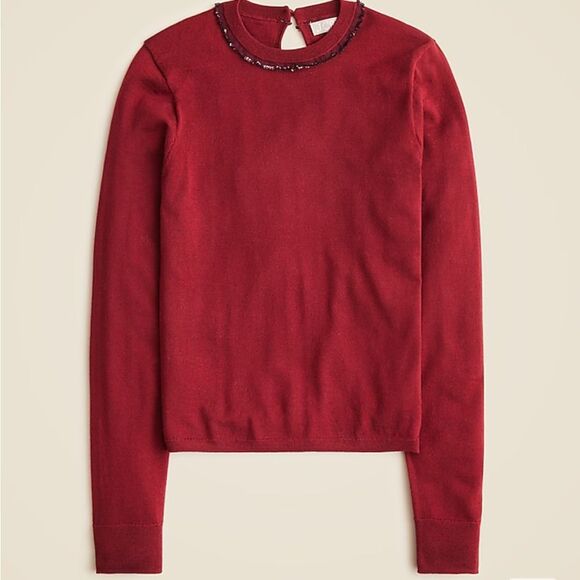 J Crew Carolyn embellished fitted crewneck sweater in merino wool Large Burgundy - Picture 11 of 11